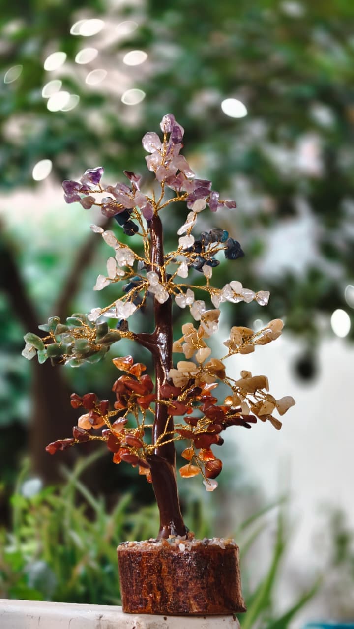 Premium 7 Chakra Natural Gemstone Healing Crystal Tree with Wooden Base